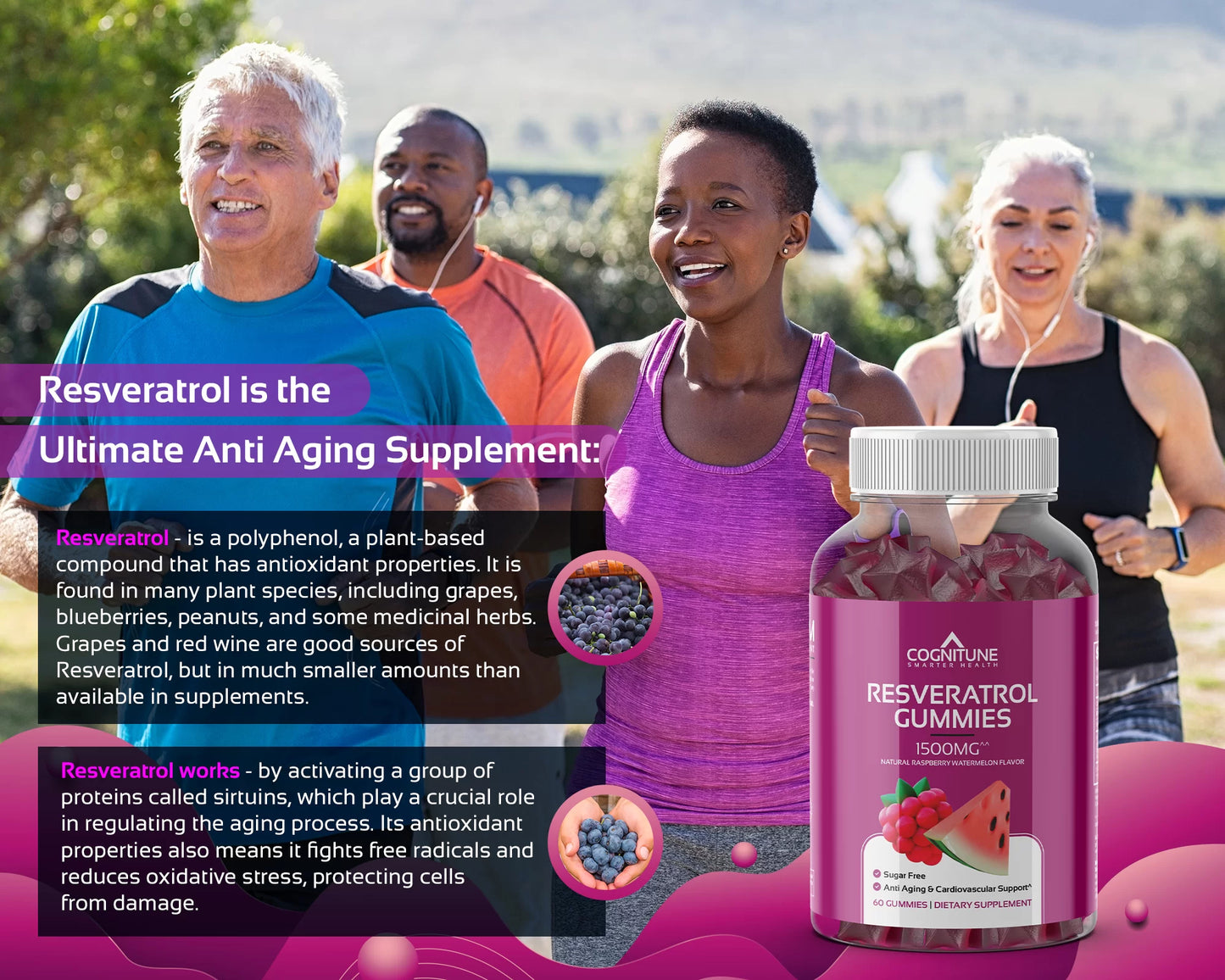 Resveratrol Gummies Supplement - Support Heart, Brain & Cellular Health, Sugar Free, Raspberry Watermelon Flavor