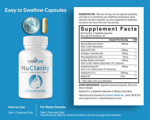 NuClarity Nootropic Brain Supplement - Enhance Mental Clarity, Memory, Focus, 60 Capsules