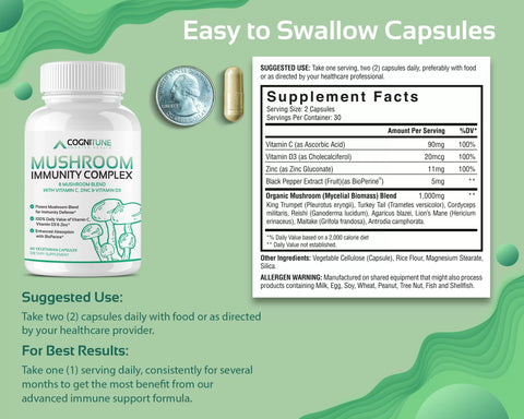 Mushroom Immune Support Supplement — 8 Mushroom Blend + Vitamin C, D3 & Zinc, 30 Servings