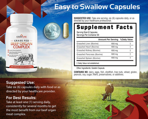 Grass Fed Beef Organ Supplement — Liver, Heart, Kidney & More, 3000mg, 30 Servings