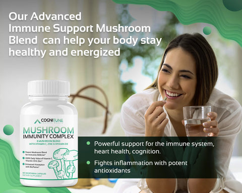 Mushroom Immune Support Supplement — 8 Mushroom Blend + Vitamin C, D3 & Zinc, 30 Servings
