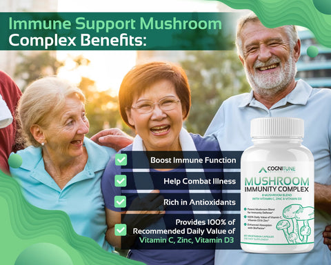Mushroom Immune Support Supplement — 8 Mushroom Blend + Vitamin C, D3 & Zinc, 30 Servings