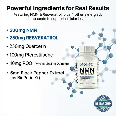 NMN Resveratrol NAD+ booster longevity benefits infographic – CogniTune