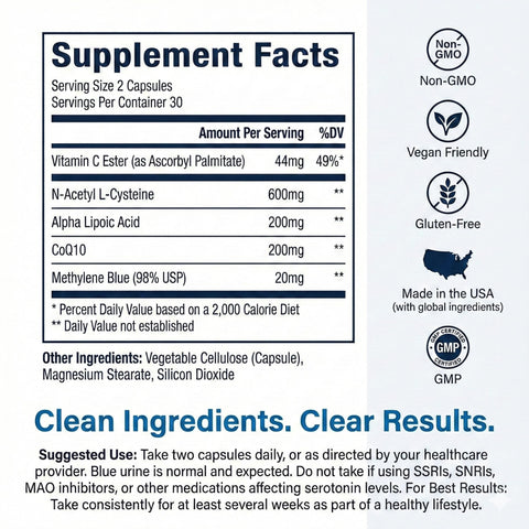 Methylene Blue Capsules — 5-in-1 Nootropic with NAC, CoQ10 & Alpha Lipoic Acid, 60 Capsules